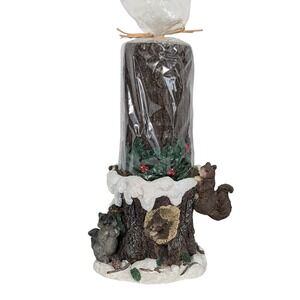 Vtg Woodland Winter Candle Holder And Pillar Candle Squirrels Raccoon Tree Stump